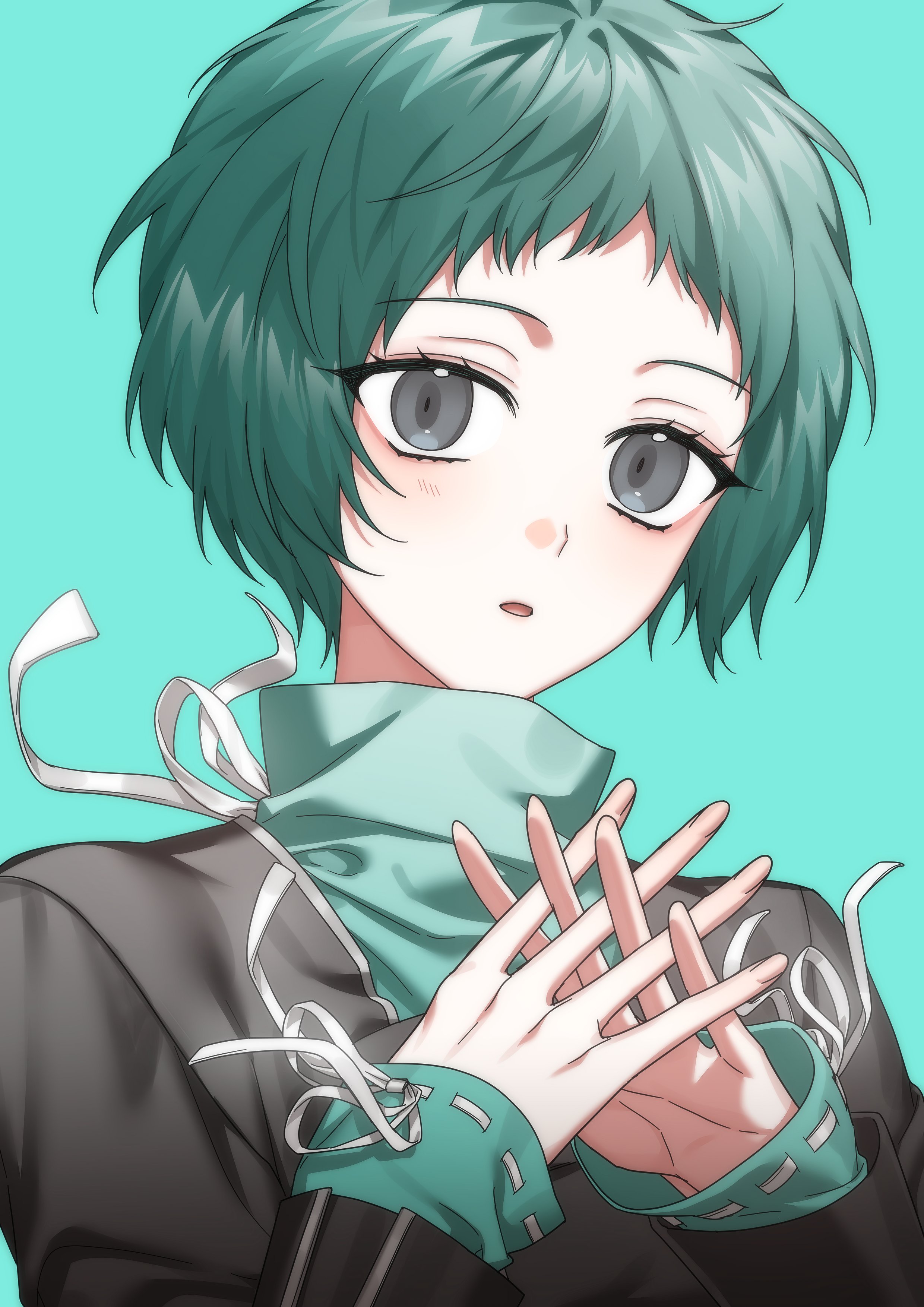 aircon11, yamagishi fuuka, persona, persona 3, absurdres, highres, 1girl, aqua hair, aqua sweater, black jacket, blush, eyelashes, gekkoukan high school uniform, grey eyes, jacket, long sleeves, looking at viewer, open mouth, own hands together, school uniform, short hair, solo, sweater