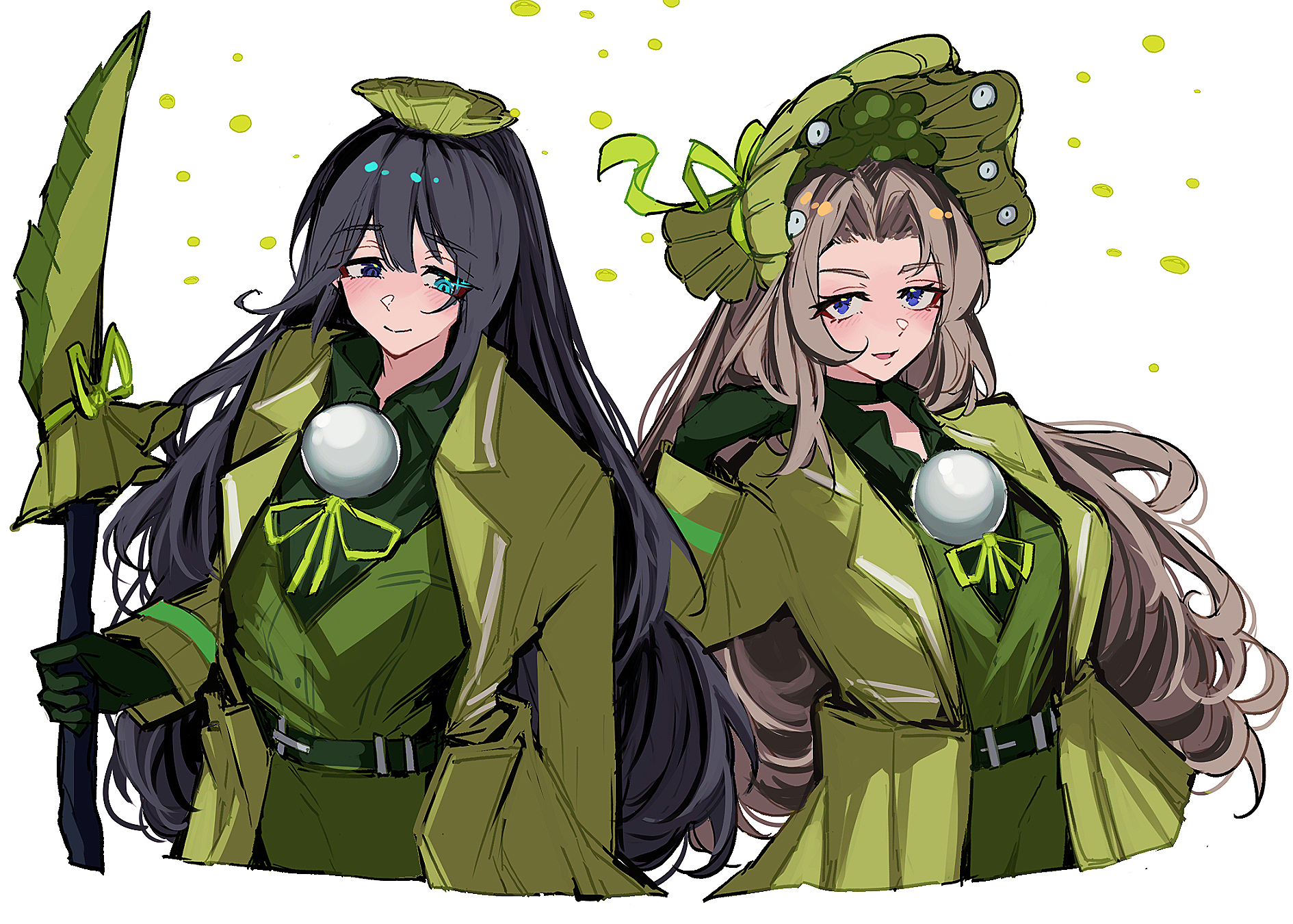 nakame77, hong lu (project moon), rodion (project moon), limbus company, project moon, highres, 1boy, 1girl, black eyes, black hair, blue eyes, bow, bowtie, brown hair, coat, collared shirt, e.g.o (project moon), effervescent corrosion (e.g.o), gem, gloves, green bonnet, green bow, green bowtie, green coat, green gloves, green ribbon, green vest, guan dao, heterochromia, high ponytail, holding, holding weapon, long hair, long sleeves, looking at viewer, parted bangs, pearl (gemstone), polearm, ponytail, ribbon, shirt, simple background, upper body, vest, weapon, white background