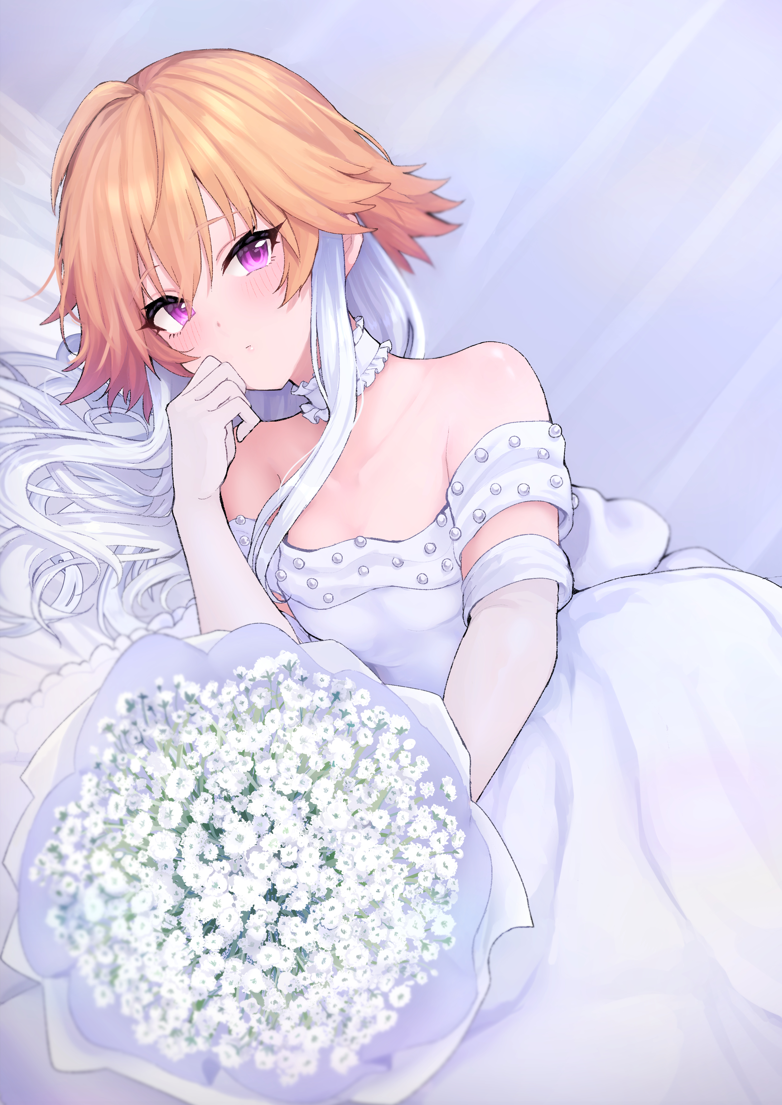 himari ii, ninomiya asuka, idolmaster, idolmaster cinderella girls, absurdres, commentary request, highres, 1girl, ahoge, back bow, bare shoulders, bed sheet, bouquet, bow, breasts, choker, cleavage, closed mouth, dress, elbow gloves, flower, frilled choker, frilled dress, frills, gloves, hair between eyes, hair flaps, hair spread out, hand on own cheek, hand on own face, holding, holding bouquet, indoors, looking at viewer, lying, multicolored hair, off-shoulder dress, off shoulder, on bed, on side, orange hair, pink eyes, see-through clothes, see-through gloves, short sleeves, solo, two-tone hair, upper body, wedding dress, white bow, white choker, white dress, white flower, white gloves, white hair