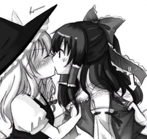 seiten yumeka, hakurei reimu, kirisame marisa, touhou, bad id, bad pixiv id, lowres, 2girls, female focus, greyscale, kiss, monochrome, multiple girls, yuri