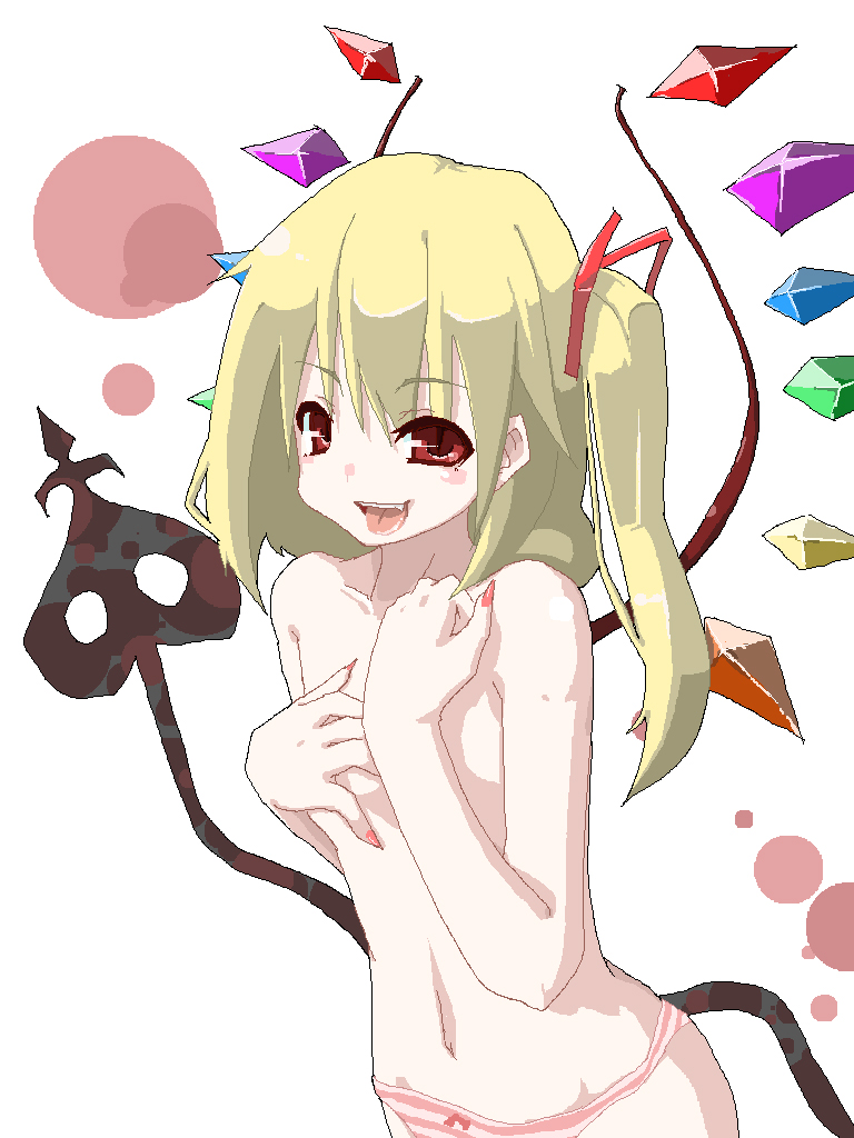 muranisaki, flandre scarlet, touhou, bad id, bad pixiv id, 1girl, blonde hair, female focus, laevatein, panties, red eyes, solo, topless female, underwear, white background