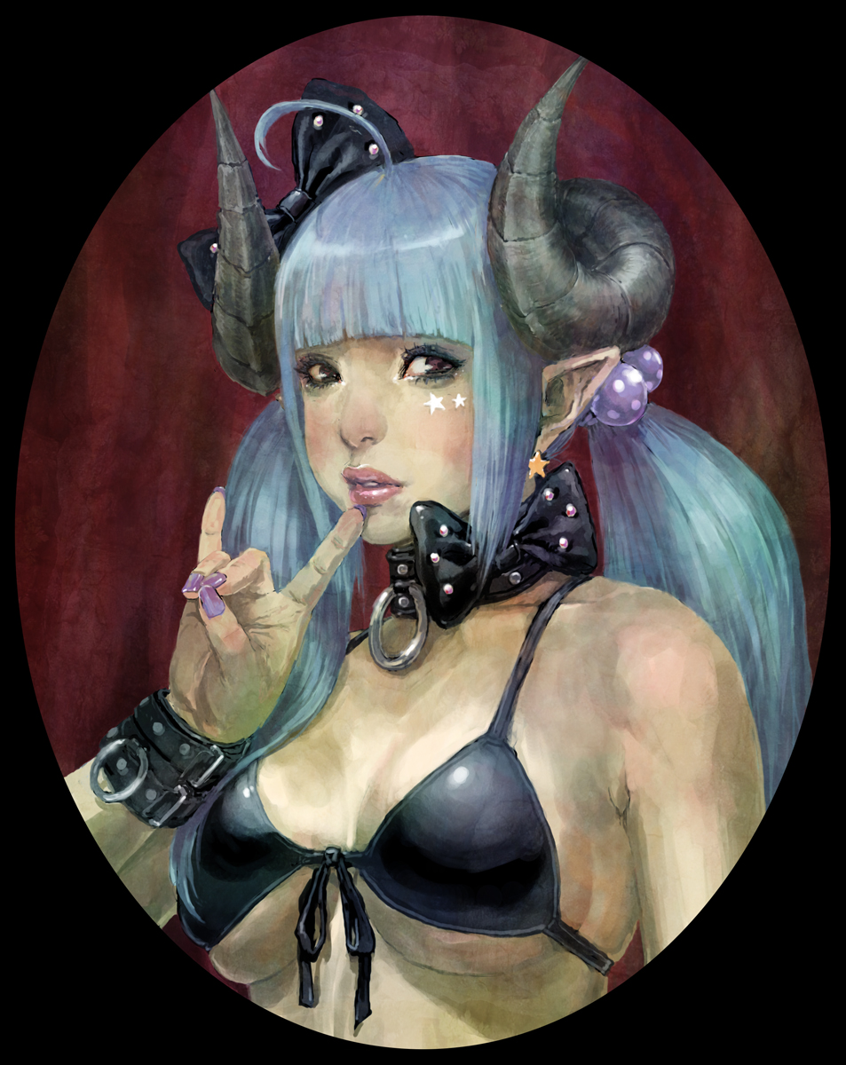 daichan mona, original, commentary, highres, 1girl, bikini, black bikini, blue hair, blunt bangs, bow, breasts, curled horns, demon girl, earrings, hair bow, horns, jewelry, long hair, low twintails, pointy ears, solo, star (symbol), star earrings, swimsuit, twintails