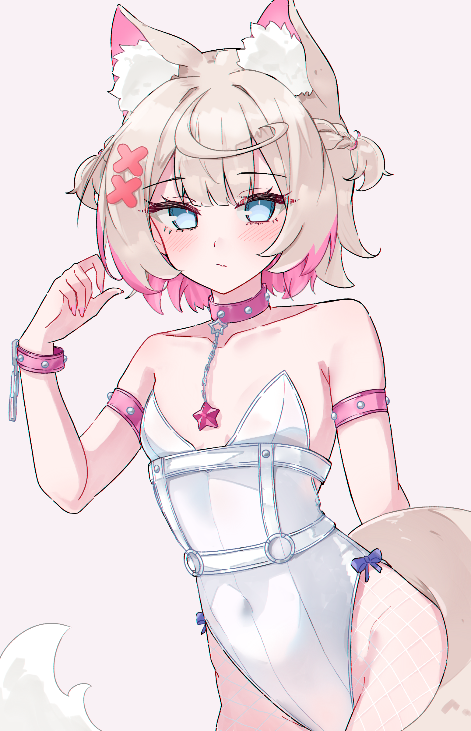 magui3, mococo abyssgard, hololive, hololive english, absurdres, commentary, english commentary, highres, 1girl, animal ear fluff, animal ears, arm strap, bare shoulders, blonde hair, blue eyes, braid, closed mouth, collar, covered navel, cowboy shot, dog ears, dog girl, dog tail, double-parted bangs, expressionless, fishnet pantyhose, fishnets, flat chest, hair between eyes, hair intakes, hair ornament, hairclip, half up braid, hand up, highleg, highleg leotard, leotard, looking at viewer, multicolored hair, pantyhose, pink collar, pink hair, playboy bunny, short hair, simple background, solo, strapless, strapless leotard, streaked hair, tail, two side up, virtual youtuber, white leotard, x hair ornament