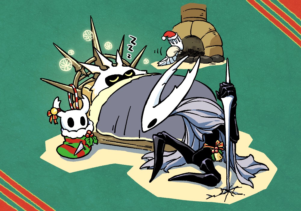 fuifui, hollow knight (character), knight (hollow knight), pale king (hollow knight), radiance (hollow knight), hollow knight, father and child, bell, chimney, christmas, closed eyes, grey cloak, hat, holding, holding weapon, hollow eyes, horned mask, lying, mask, nail (hollow knight), on back, on bed, red hat, sack, santa hat, sleeping, under covers, weapon, zzz