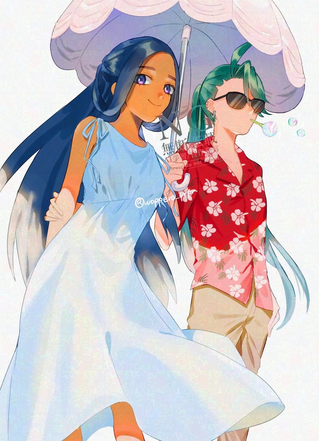 woppero prpr, geeta (pokemon), rika (pokemon), nintendo, pokemon, pokemon sv, commentary request, highres, 2girls, ahoge, alternate costume, black hair, bubble, closed mouth, collared shirt, dress, floral print, green hair, hair rings, holding, holding umbrella, long hair, looking down, mouth hold, multiple girls, pants, parasol, ponytail, red shirt, shirt, simple background, sleeveless, sleeveless dress, smile, sunglasses, twitter username, umbrella, watermark, white background