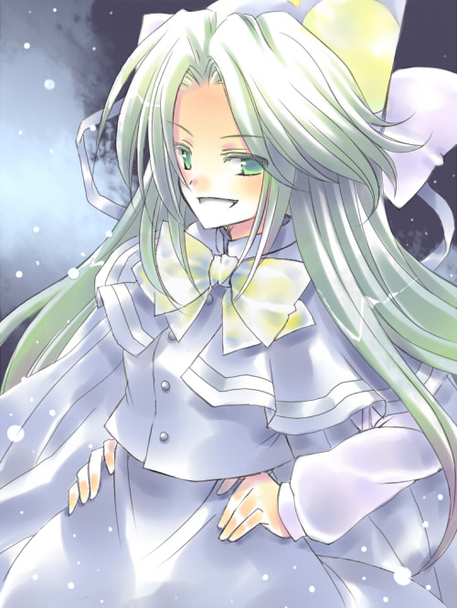 suzuki (chidori), suzuki ao, mima (touhou), touhou, touhou (pc-98), 1girl, female focus, green eyes, green hair, hat, matching hair/eyes, snow, solo, wizard hat