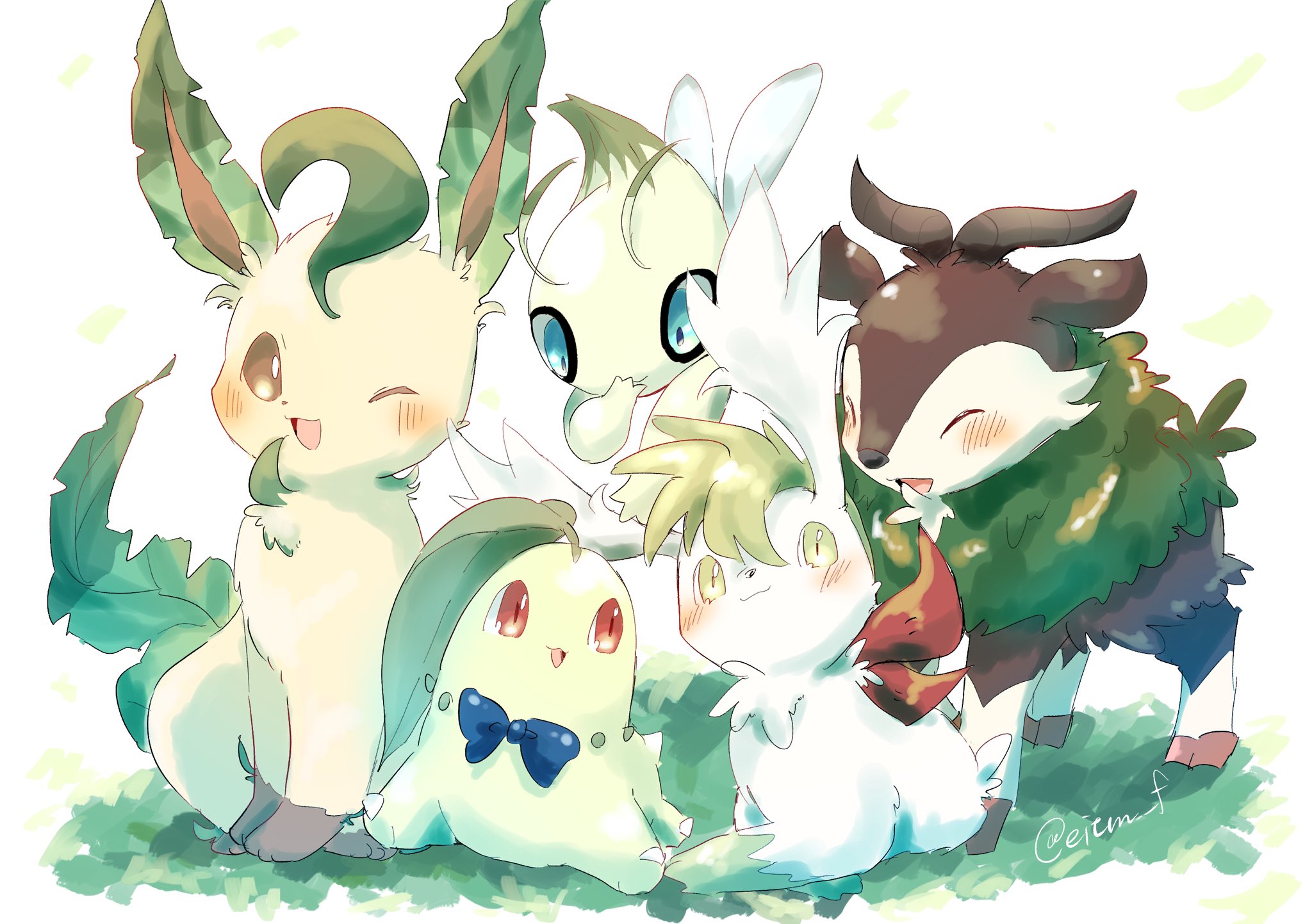 eitm f, celebi, chikorita, leafeon, shaymin, shaymin (sky), skiddo, nintendo, pokemon, highres, animal focus, antennae, blue bow, blue eyes, blush, bow, brown eyes, closed eyes, closed mouth, fairy wings, flower, flying, gen 2 pokemon, gen 4 pokemon, gen 6 pokemon, goat, grass, green eyes, horns, leaf, legendary pokemon, looking at viewer, mythical pokemon, no humans, one eye closed, open mouth, pokemon (creature), pokemon focus, red eyes, smile, wings
