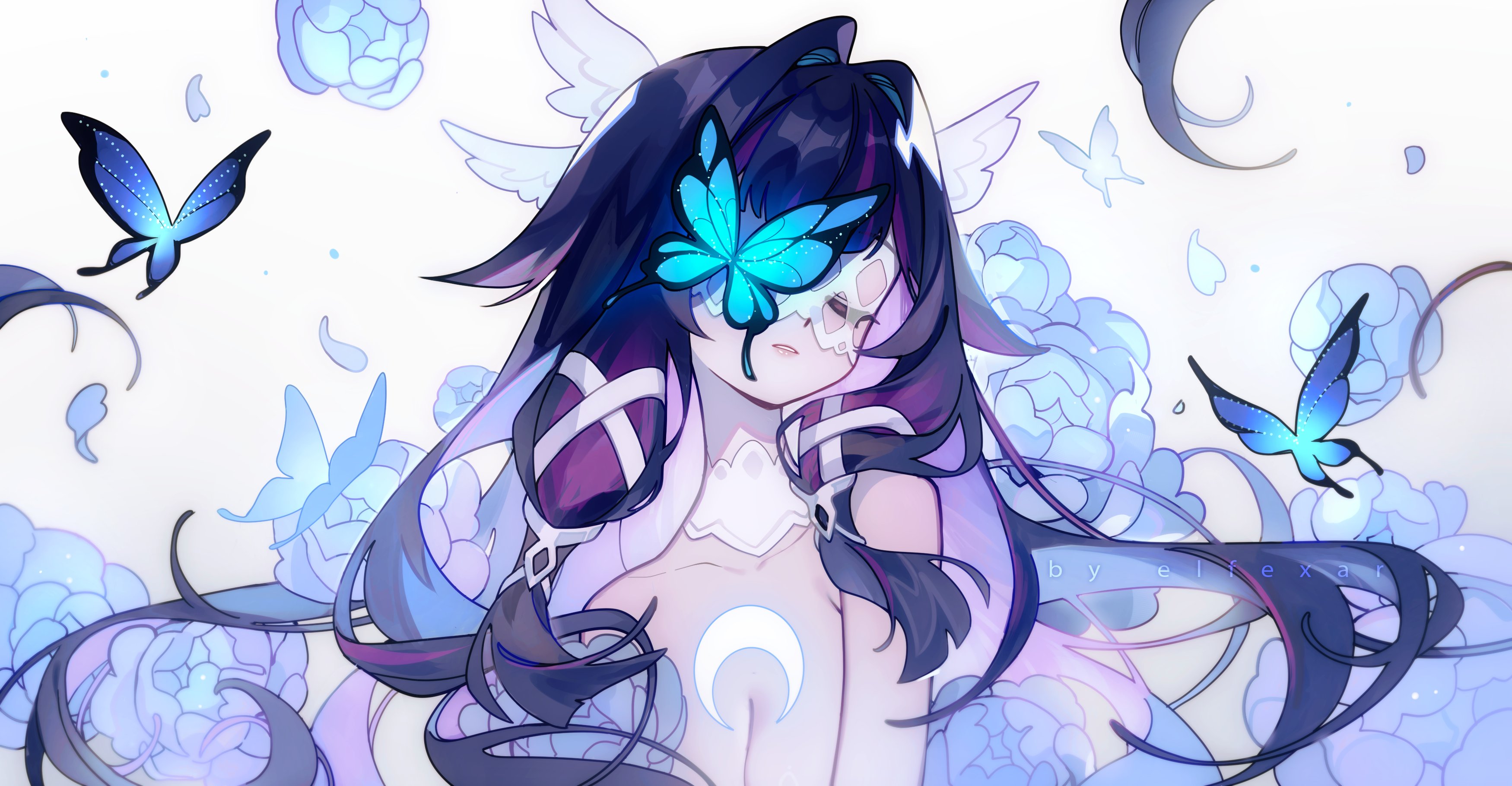 elf exar, columbina (genshin impact), genshin impact, absurdres, commentary, english commentary, highres, 1girl, black hair, bug, butterfly, choker, closed eyes, hair ornament, head tilt, insect, multicolored hair, nude, out-of-frame censoring, parted lips, purple hair, solo, streaked hair, upper body, white background, white choker, wing hair ornament