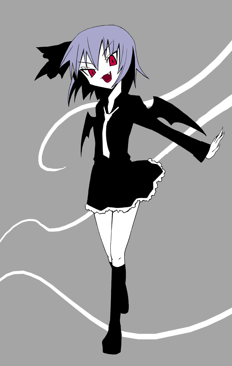 ke-su, remilia scarlet, touhou, bad id, bad pixiv id, highres, 1girl, bat wings, fang, female focus, full body, monochrome, red eyes, skirt, solo, spot color, wings