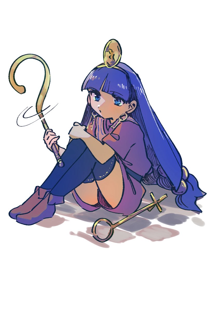 hanada hyou, michigami nareko, touhou, commentary, 1girl, belt, black thighhighs, blue eyes, blue hair, blunt bangs, brown shirt, brown shoes, brown shorts, collared shirt, earrings, facial mark, full body, gold hairband, hair ornament, hairband, holding, holding scepter, jewelry, key earrings, knees up, long hair, low-tied long hair, motion lines, scepter, shirt, shoes, short sleeves, shorts, sitting, solo, sphere hair ornament, thighhighs, triangle, triangle facial mark