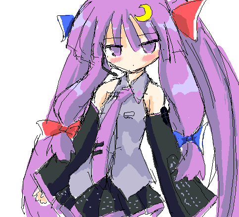 sidorov, hatsune miku, patchouli knowledge, touhou, vocaloid, lowres, 1girl, cosplay, crescent, crescent hair ornament, female focus, hair ornament, hatsune miku (cosplay), parody, purple hair, solo