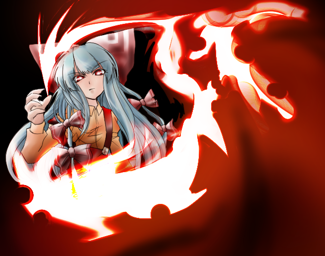 udukikosuke, fujiwara no mokou, touhou, bad id, bad pixiv id, 1girl, bow, female focus, hair bow, long hair, red eyes, solo, white hair