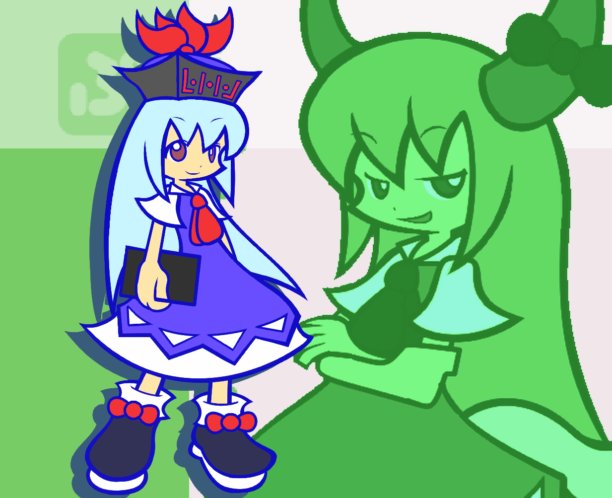 y&k, ex-keine, kamishirasawa keine, madou monogatari, puyopuyo, puyopuyo fever, touhou, 1girl, female focus, flat color, horn ornament, horn ribbon, horns, parody, ribbon, style parody