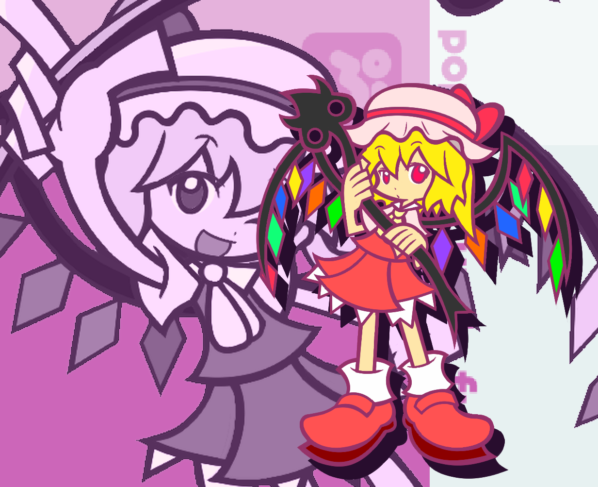 y&k, flandre scarlet, madou monogatari, puyopuyo, puyopuyo fever, touhou, 1girl, female focus, flat color, hat, mob cap, parody, style parody, wings
