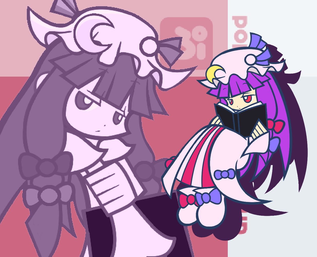y&k, patchouli knowledge, madou monogatari, puyopuyo, puyopuyo fever, touhou, 1girl, book, crescent, female focus, flat color, hat, mob cap, open book, parody, reading, style parody