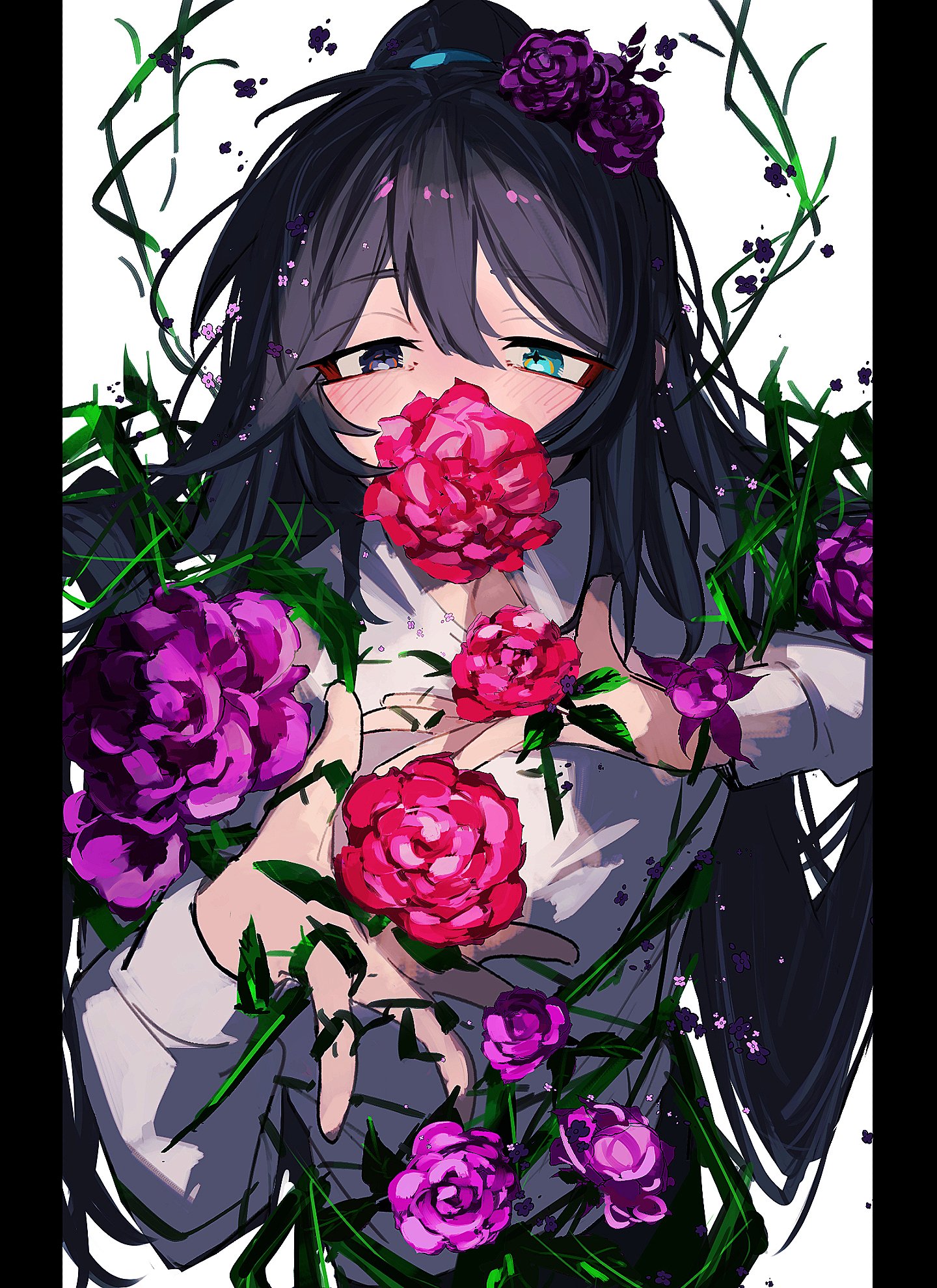 nakame77, hong lu (project moon), limbus company, project moon, highres, 1boy, black border, black eyes, black hair, blue eyes, border, collared shirt, flower, heterochromia, high ponytail, long hair, long sleeves, looking at viewer, male focus, pink flower, pink rose, plant, ponytail, purple flower, purple rose, rose, shirt, simple background, solo, standing, upper body, very long hair, vines, white background, white shirt