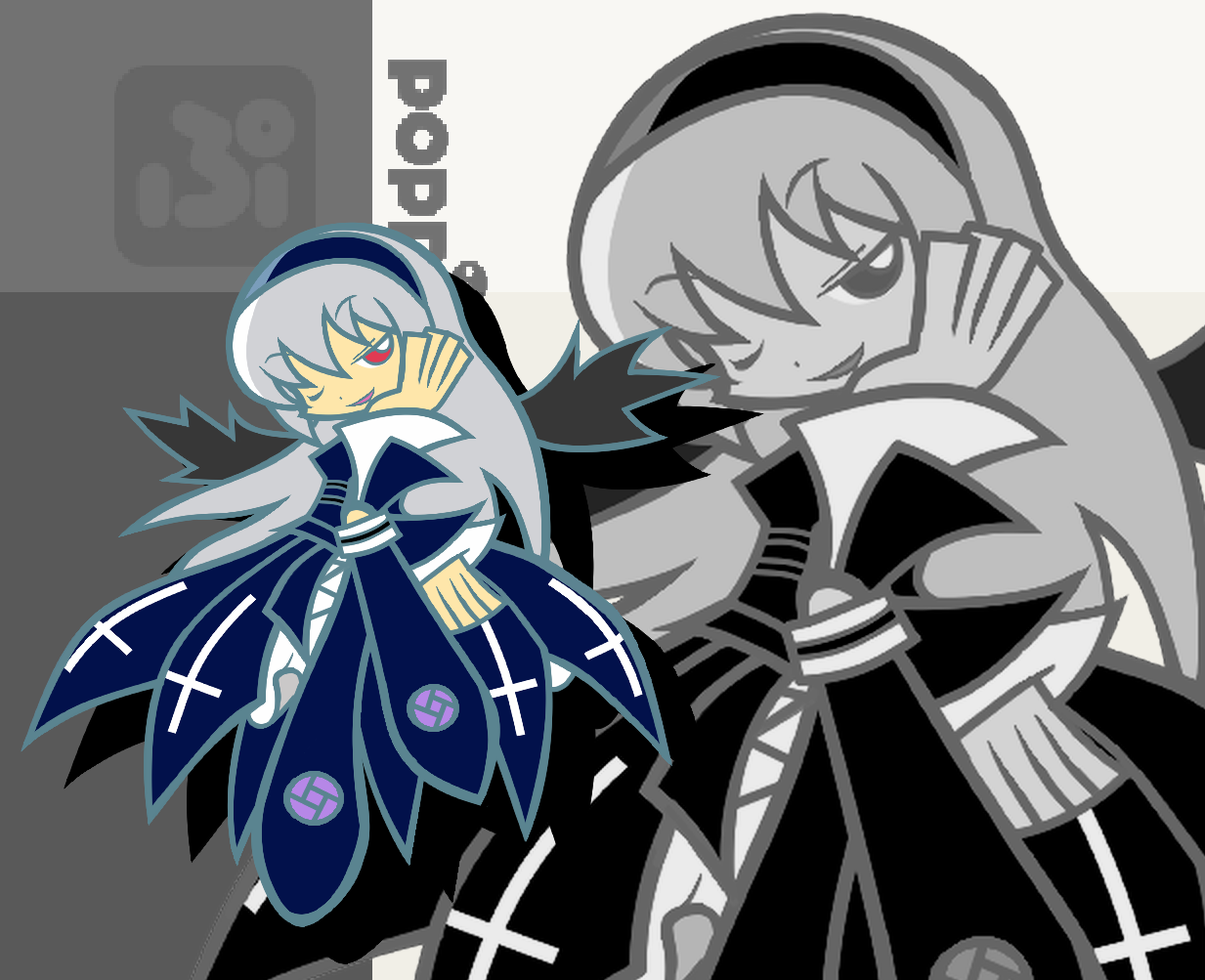 y&k, suigintou, madou monogatari, puyopuyo, puyopuyo fever, rozen maiden, 1girl, female focus, flat color, parody, solo, style parody, zoom layer