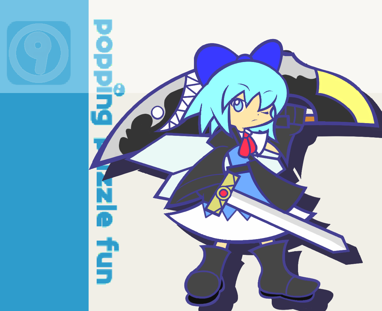 y&k, cirno, advent cirno, madou monogatari, puyopuyo, puyopuyo fever, touhou, 1girl, bow, circled 9, female focus, flat color, parody, solo, style parody, sword, weapon