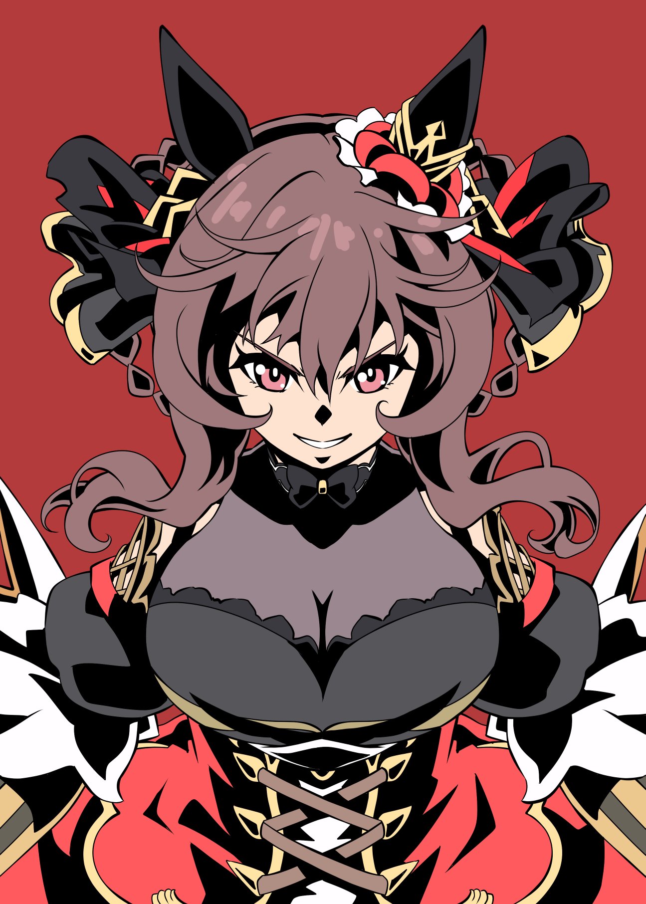 zukki (bijitaru), gentildonna (umamusume), umamusume, highres, 1girl, animal ears, black dress, braid, braided hair rings, breasts, brown hair, cleavage, corset, dress, ear covers, ear ornament, hair between eyes, hair ornament, hair rings, horse ears, horse girl, large breasts, long hair, looking at viewer, open mouth, red dress, red eyes, see-through cleavage, see-through clothes, simple background, smile, solo, teeth