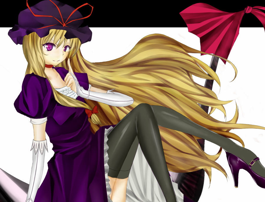 takani (takatan), yakumo yukari, touhou, 1girl, bad anatomy, blonde hair, female focus, gloves, long hair, poorly drawn, purple eyes, solo, thighhighs, very long hair