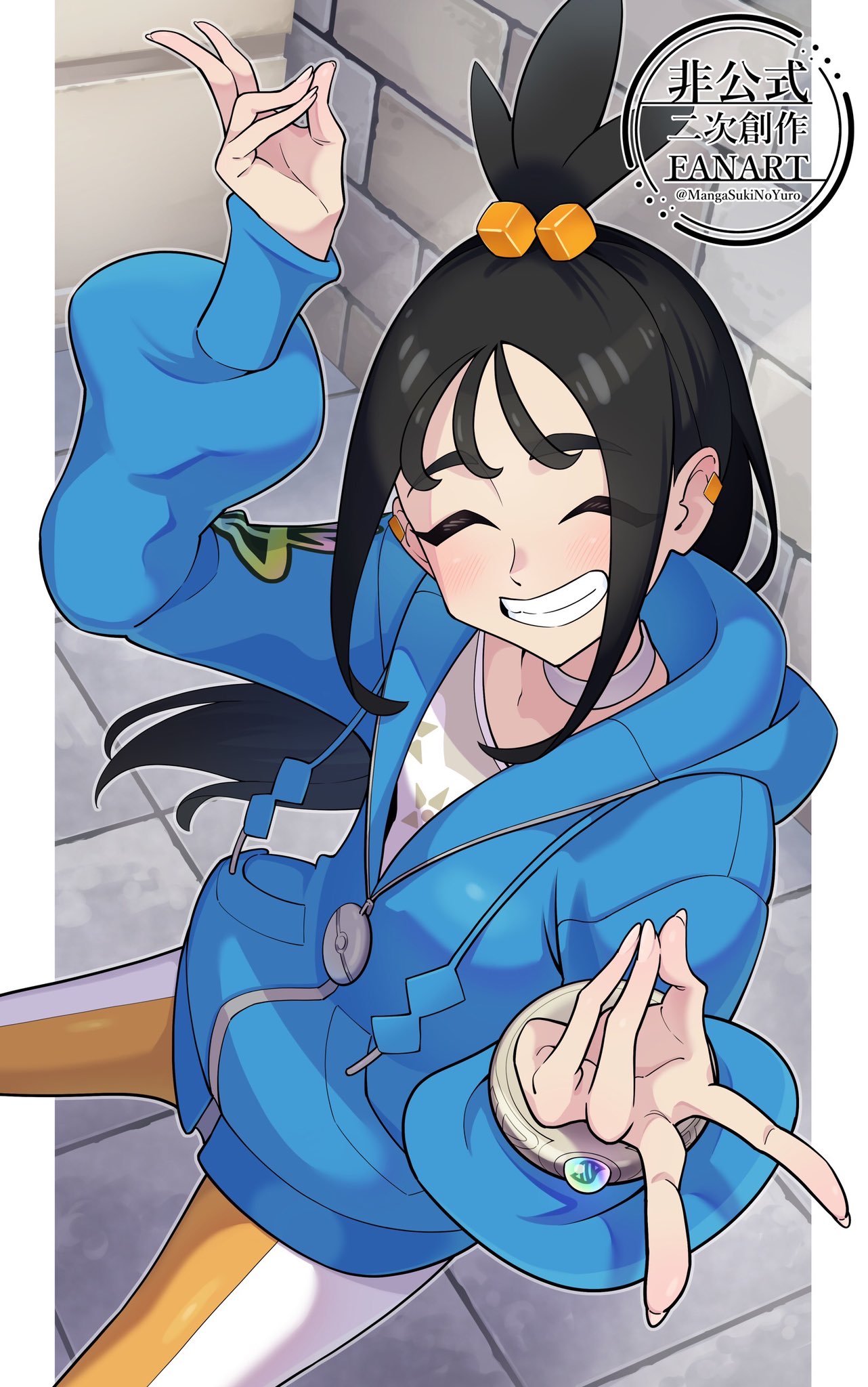 yuro (mangasukinoyuro), lida (pokemon), nintendo, pokemon, pokemon legends: z-a, commentary request, highres, 1girl, black hair, blue hoodie, bracelet, choker, closed eyes, cube hair ornament, day, earclip, grin, hair ornament, happy, hood, hood down, hoodie, jewelry, leggings, long hair, long sleeves, outdoors, shirt, smile, solo, teeth, topknot, white leggings, zipper pull tab