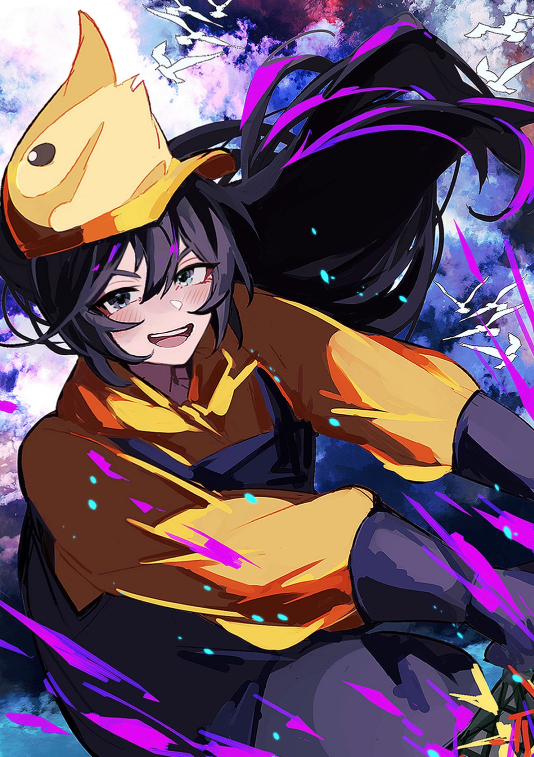 nakame77, hong lu (project moon), limbus company, project moon, highres, 1boy, bird, black eyes, black hair, blue background, blue eyes, blue overalls, e.g.o (project moon), gloves, hat, heterochromia, high ponytail, hood, hoodie, long hair, looking at viewer, male focus, open mouth, orange hat, orange hoodie, overalls, ponytail, purple gloves, purple liquid, seagull, simple background, soda (e.g.o), solo, upper body