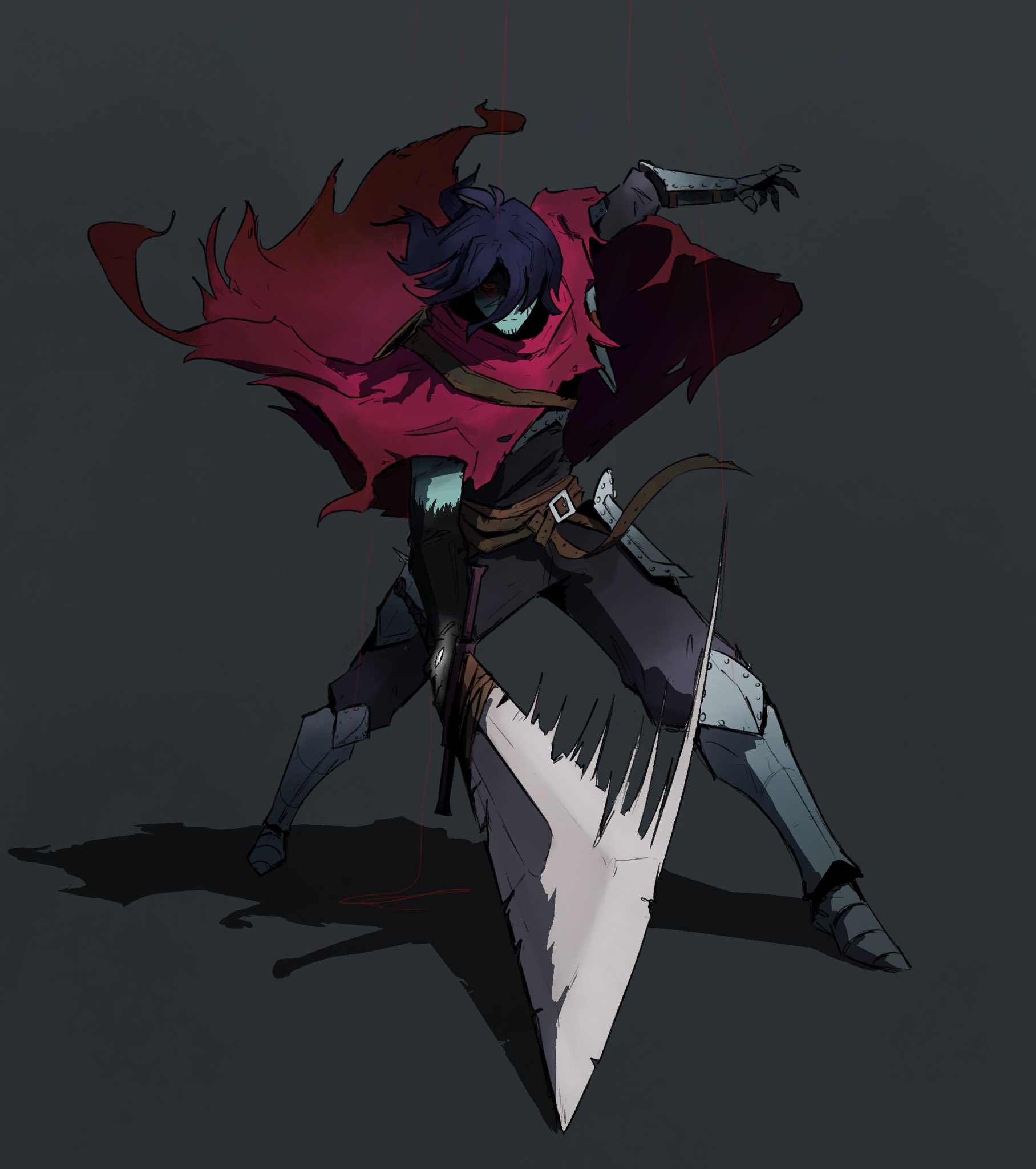 kris (dark world) (deltarune), kris (deltarune), deltarune, utdr (toby fox), commentary, english commentary, highres, 1other, aged up, armor, attack trail, belt, blue hair, blue skin, cape, colored skin, facial hair, full body, gauntlets, goatee stubble, greaves, hair over one eye, holding, holding sword, holding weapon, looking at viewer, mechamichal, medium hair, other focus, puppet strings, red cape, red eyes, sabaton, shaded face, shadow, shoulder strap, solo, stubble, sword, torn cape, torn clothes, weapon