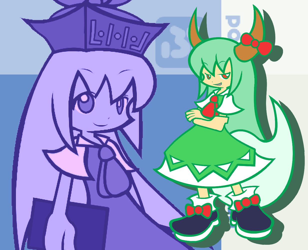 y&k, ex-keine, kamishirasawa keine, madou monogatari, puyopuyo, puyopuyo fever, touhou, 1girl, female focus, flat color, horn ornament, horn ribbon, horns, parody, ribbon, style parody