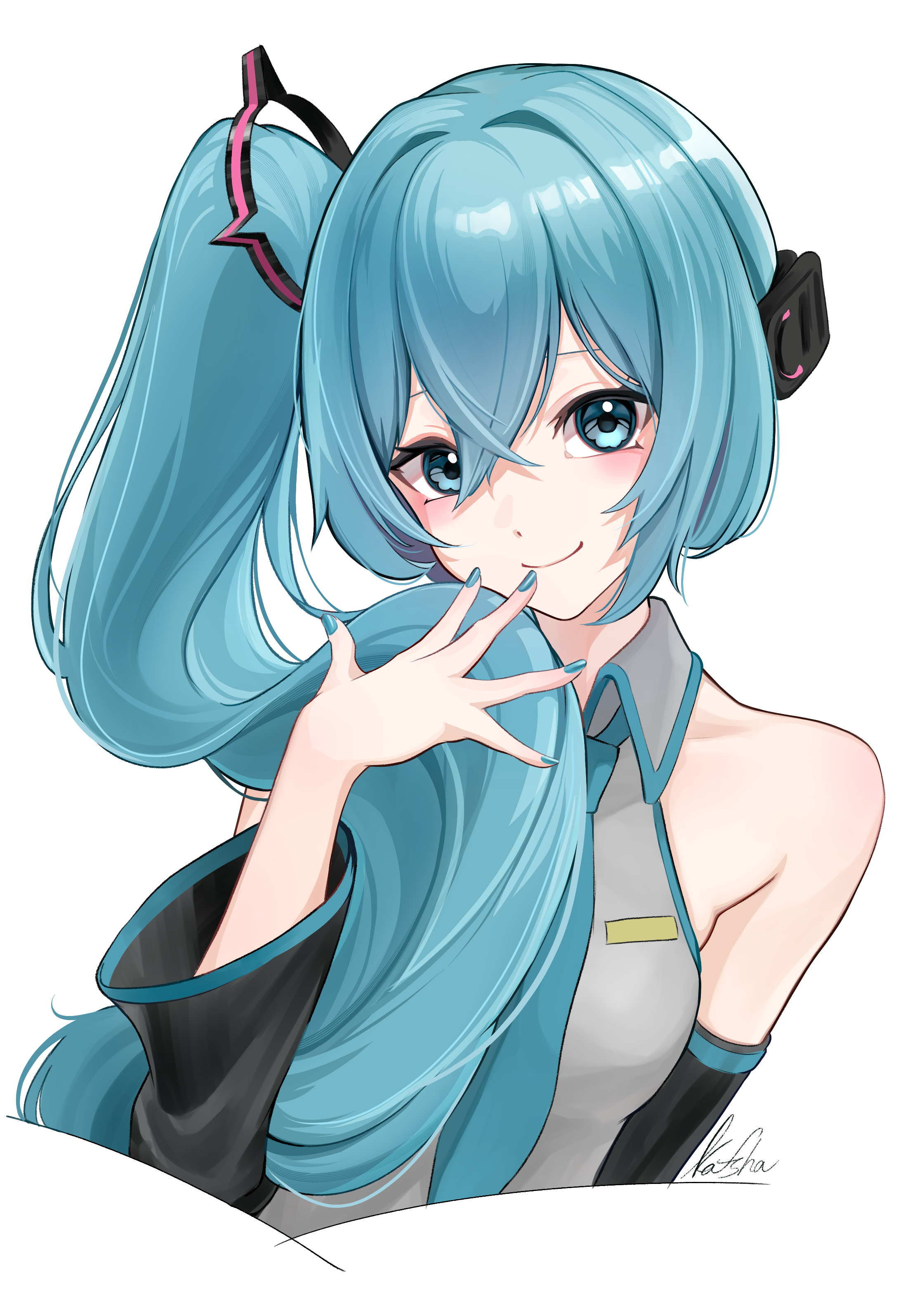 shafurakafusha, hatsune miku, hatsune miku (noodle stopper), vocaloid, absurdres, commentary request, highres, 1girl, artist name, bare shoulders, big hair, black sleeves, blue eyes, blue hair, blue nails, blue necktie, blue trim, blush, breasts, closed mouth, collarbone, collared shirt, cropped torso, crossed bangs, detached sleeves, double-parted bangs, grey shirt, hair between eyes, hair ornament, hair over shoulder, hand up, high side ponytail, long hair, long sleeves, looking at viewer, meme, nail polish, necktie, shirt, side ponytail, sidetail miku noodle stopper (meme), simple background, sleeveless, sleeveless shirt, small breasts, smile, white background, wide sleeves