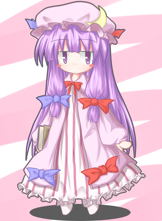 baerun, patchouli knowledge, touhou, 1girl, chibi, female focus, full body, hat, long hair, ribbon, solo, standing