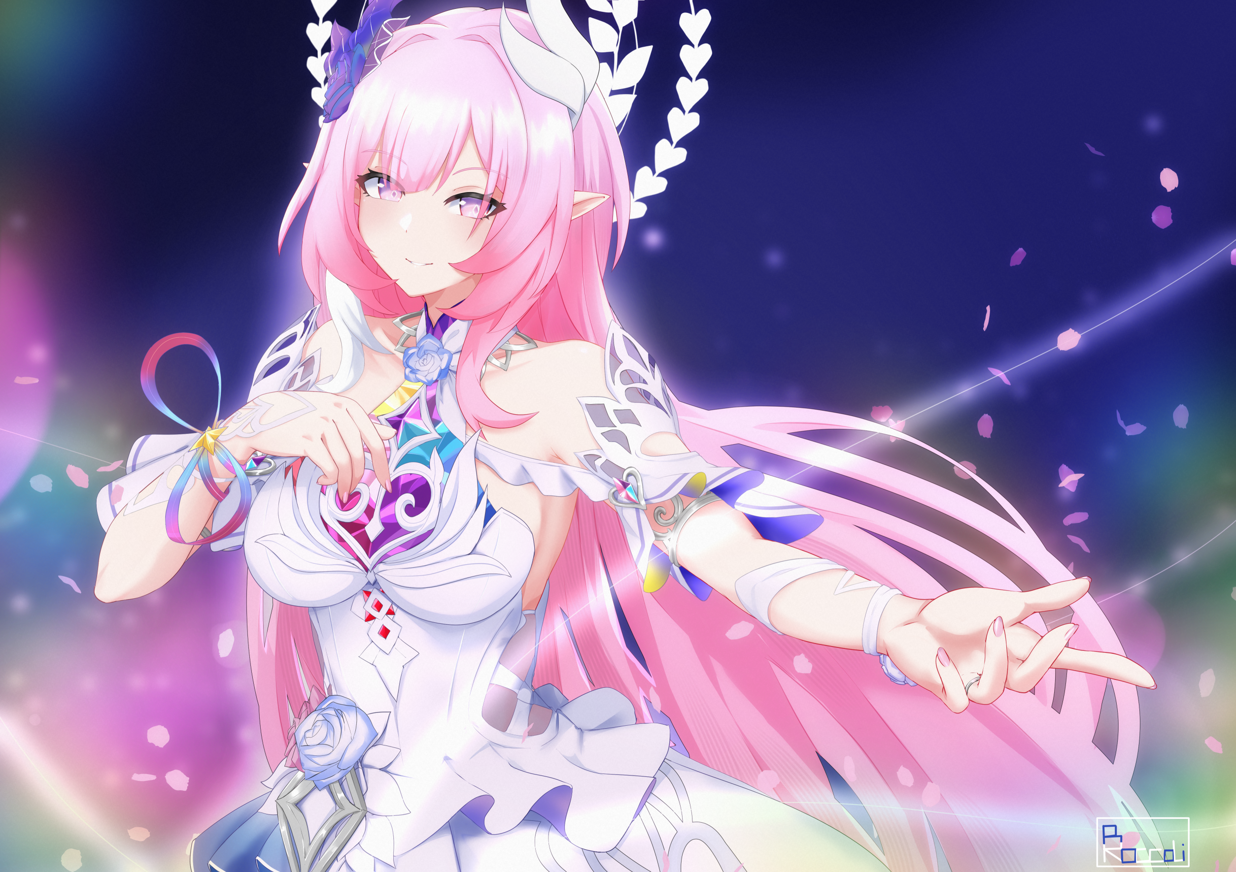 c-r-l-o-0-5, cyrene (honkai: star rail), honkai: star rail, honkai (series), commentary, english commentary, highres, 1girl, artist name, breasts, diamond-shaped pupils, diamond (shape), dress, halo, halo behind head, large breasts, long hair, looking at viewer, multicolored hair, pink hair, pointy ears, purple eyes, smile, solo, symbol-shaped pupils, two-tone hair, very long hair, white dress, white hair