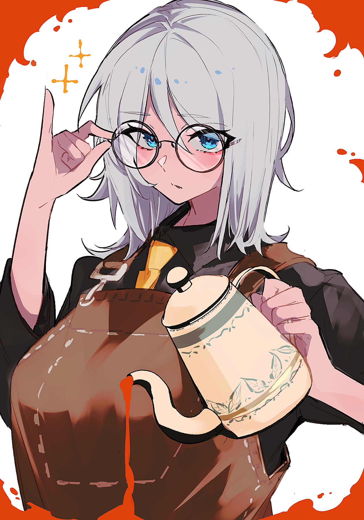 nakame77, faust (project moon), limbus company, project moon, highres, 1girl, apron, black shirt, blue eyes, breasts, brown apron, collared shirt, glasses, holding, holding teapot, large breasts, long sleeves, looking at viewer, necktie, official alternate costume, seven association south uniform, shirt, short hair, simple background, solo, teapot, upper body, white background, white hair, yellow necktie