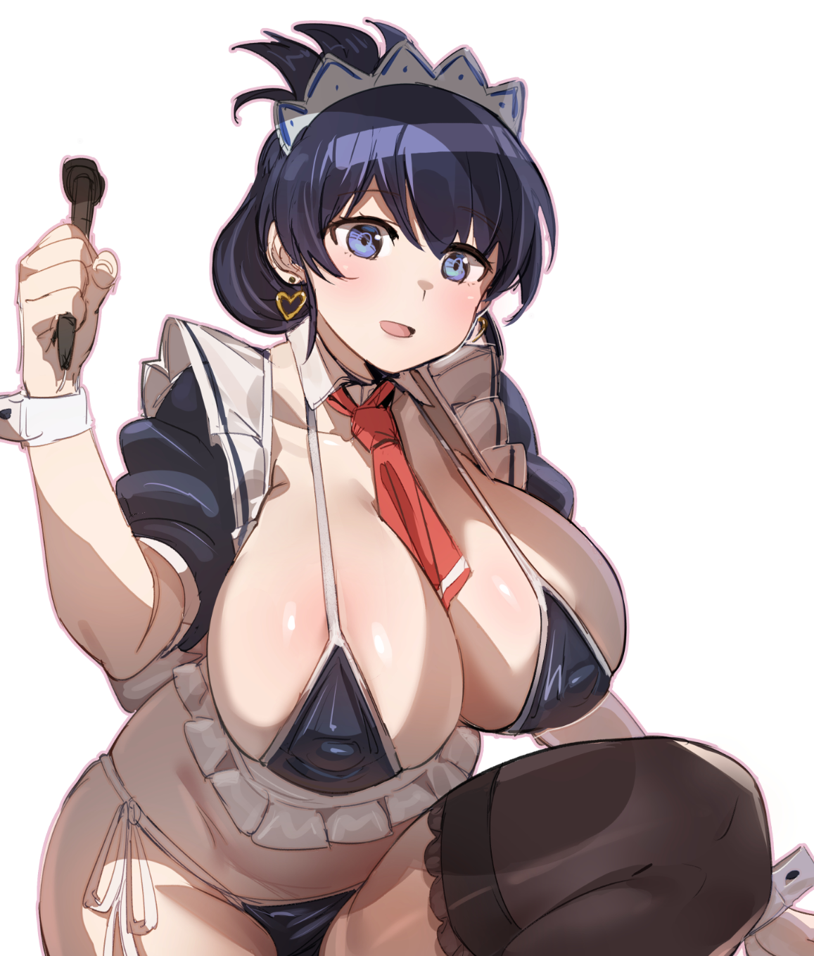 bow (bhp), arato nagi, ruri no houseki, highres, 1girl, apron, between breasts, bikini, black bikini, black hair, black thighhighs, breasts, covered erect nipples, detached collar, earrings, folded ponytail, hammer, heart, heart earrings, jewelry, lace, lace-trimmed thighhighs, lace trim, large breasts, long hair, maid, maid bikini, maid headdress, necktie, necktie between breasts, red necktie, swimsuit, thighhighs, unconventional maid, waist apron, wrist cuffs