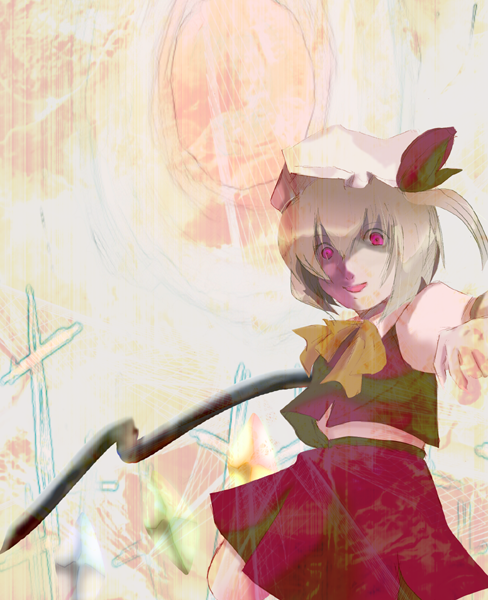 flandre scarlet, touhou, bad id, bad pixiv id, 1girl, blonde hair, blouse, female focus, hat, mob cap, red eyes, ribbon, shirt, solo, white hat, white shirt, wings