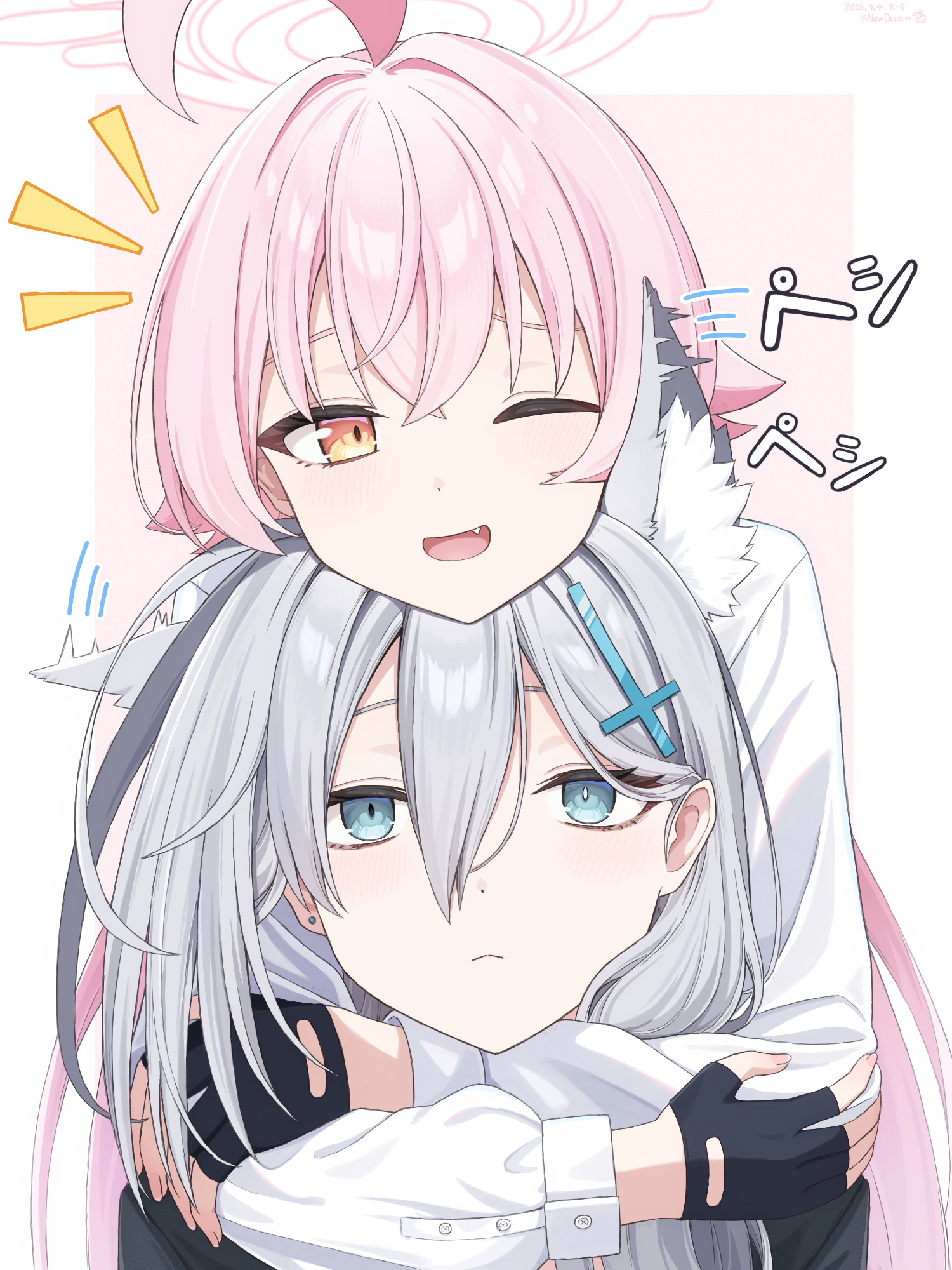 k-d, hoshino (blue archive), shiroko terror (blue archive), blue archive, commentary request, highres, 2girls, ;d, ahoge, animal ear fluff, animal ears, artist name, black gloves, blue eyes, buttons, cross hair ornament, dated, earrings, expressionless, extra ears, fang, fingerless gloves, gloves, grey hair, hair between eyes, hair ornament, halo, head rest, hug, hug from behind, jewelry, light blush, long hair, long sleeves, mismatched pupils, motion lines, multiple girls, notice lines, one eye closed, open mouth, orange eyes, pink background, pink hair, shirt, simple background, single earring, smile, stud earrings, white shirt, wolf ears