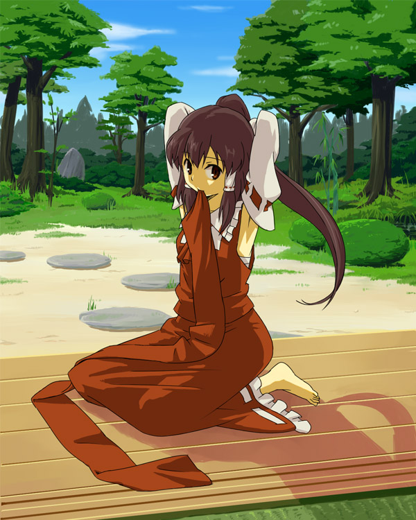 kannari, hakurei reimu, touhou, 1girl, armpits, barefoot, feet, female focus, full body, mouth hold, nature, outdoors, plant, ponytail, skirt, sky, solo