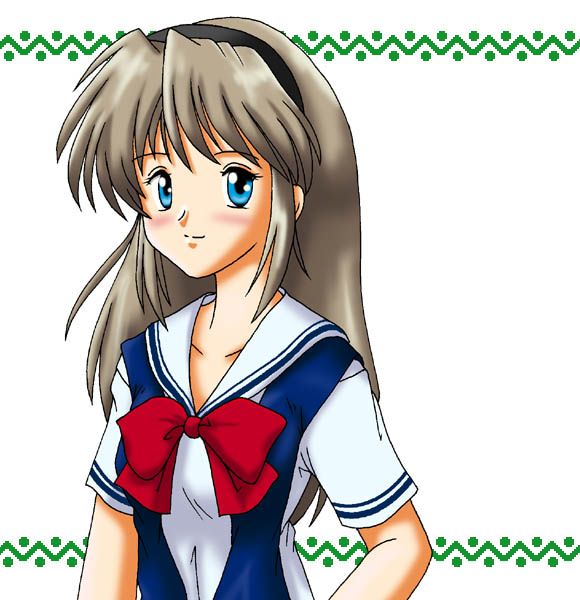 zoro (artist), zoro (razon de vida), sakagami tomoyo, clannad, tomoyo after, silver hair, 00s, 1girl, blue eyes, blue hair, female focus, green eyes, hairband, long hair, matching hair/eyes, school uniform, serafuku, solo