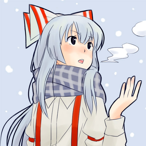 kannari, fujiwara no mokou, touhou, lowres, 1girl, breath, female focus, outdoors, scarf, snow, solo, upper body