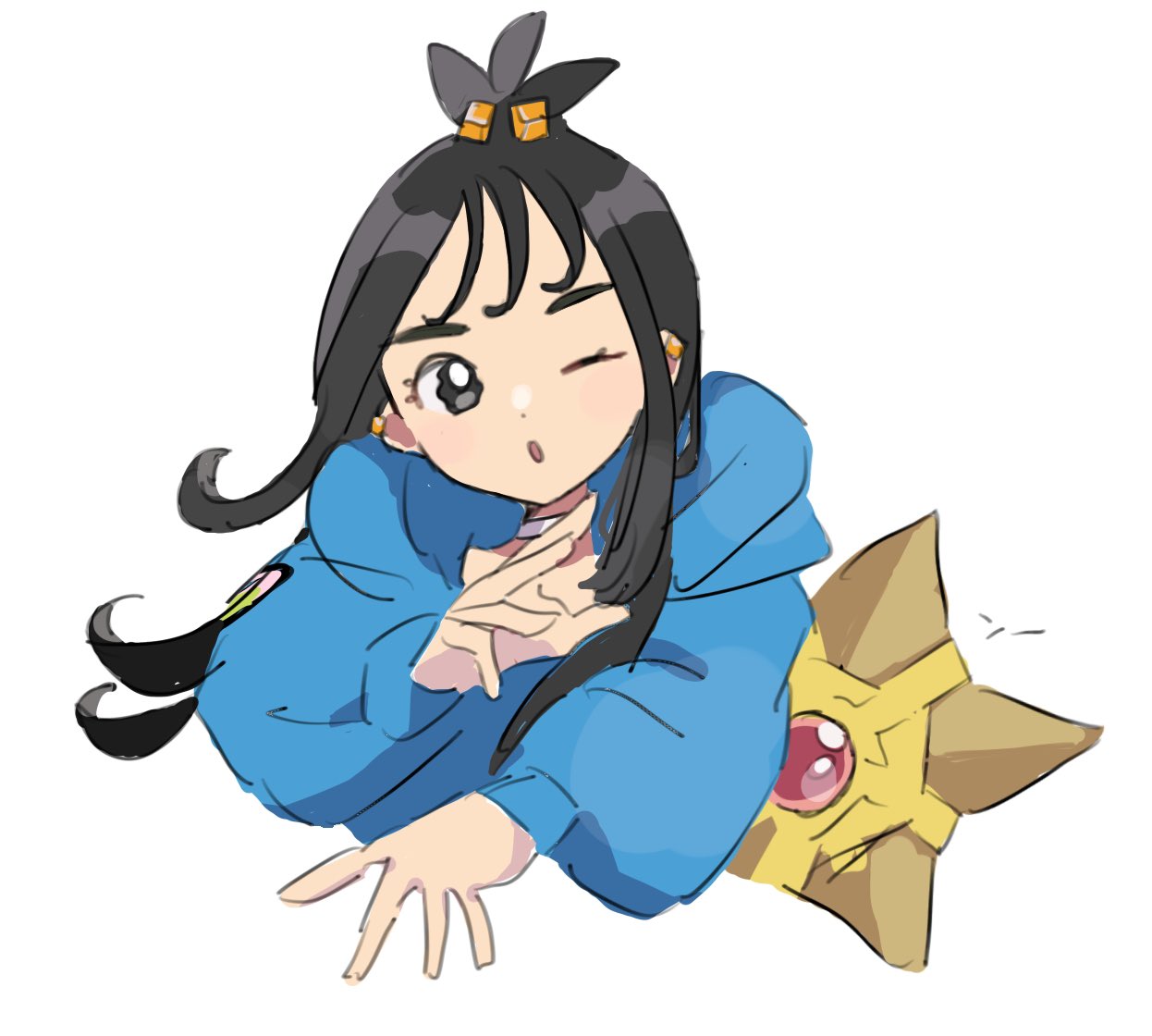 eneko (olavcnkrpucl16a), lida (pokemon), staryu, nintendo, pokemon, pokemon legends: z-a, 1girl, ;o, black eyes, black hair, blue hoodie, cube hair ornament, eyelashes, gen 1 pokemon, hair ornament, hood, hood down, hoodie, long hair, long sleeves, one eye closed, open mouth, pokemon (creature), simple background, topknot, white background