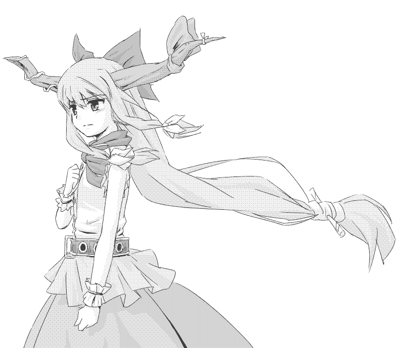 kannari, ibuki suika, touhou, 1girl, dithering, female focus, greyscale, monochrome, sad, simple background, solo, white background