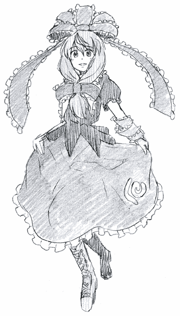 kannari, kagiyama hina, touhou, graphite (medium), traditional media, 1girl, female focus, front ponytail, greyscale, monochrome, sketch, skirt hold, solo