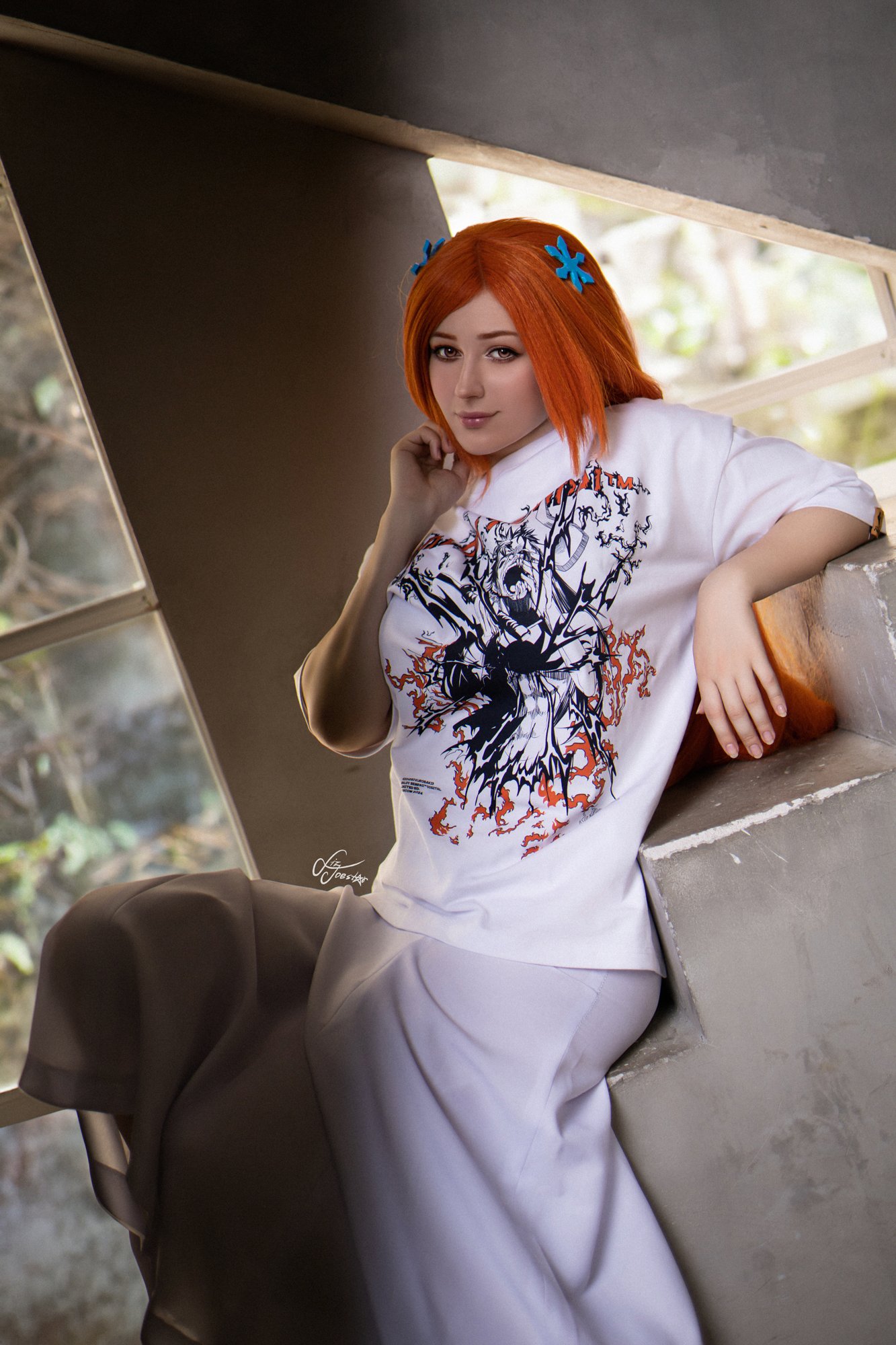 liz joestar, inoue orihime, bleach, bleach: sennen kessen-hen, commentary, cosplay photo, english commentary, photo (medium), 1girl, 2024, breasts, brown eyes, cosplay, female focus, hair ornament, hairclip, indoors, inoue orihime (cosplay), large breasts, long hair, long skirt, looking at viewer, navel, orange hair, shirt, sitting, skirt, solo, stairs, white shirt, wig