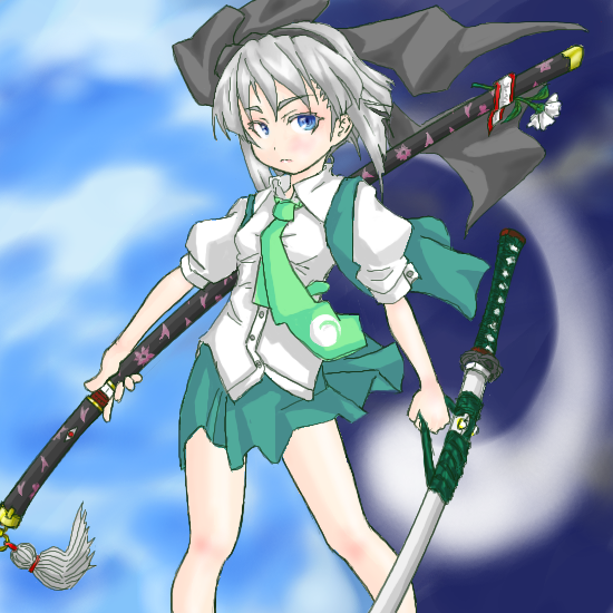 konpaku youmu, konpaku youmu (ghost), touhou, 1girl, female focus, hitodama, katana, sheath, sheathed, solo, sword, weapon