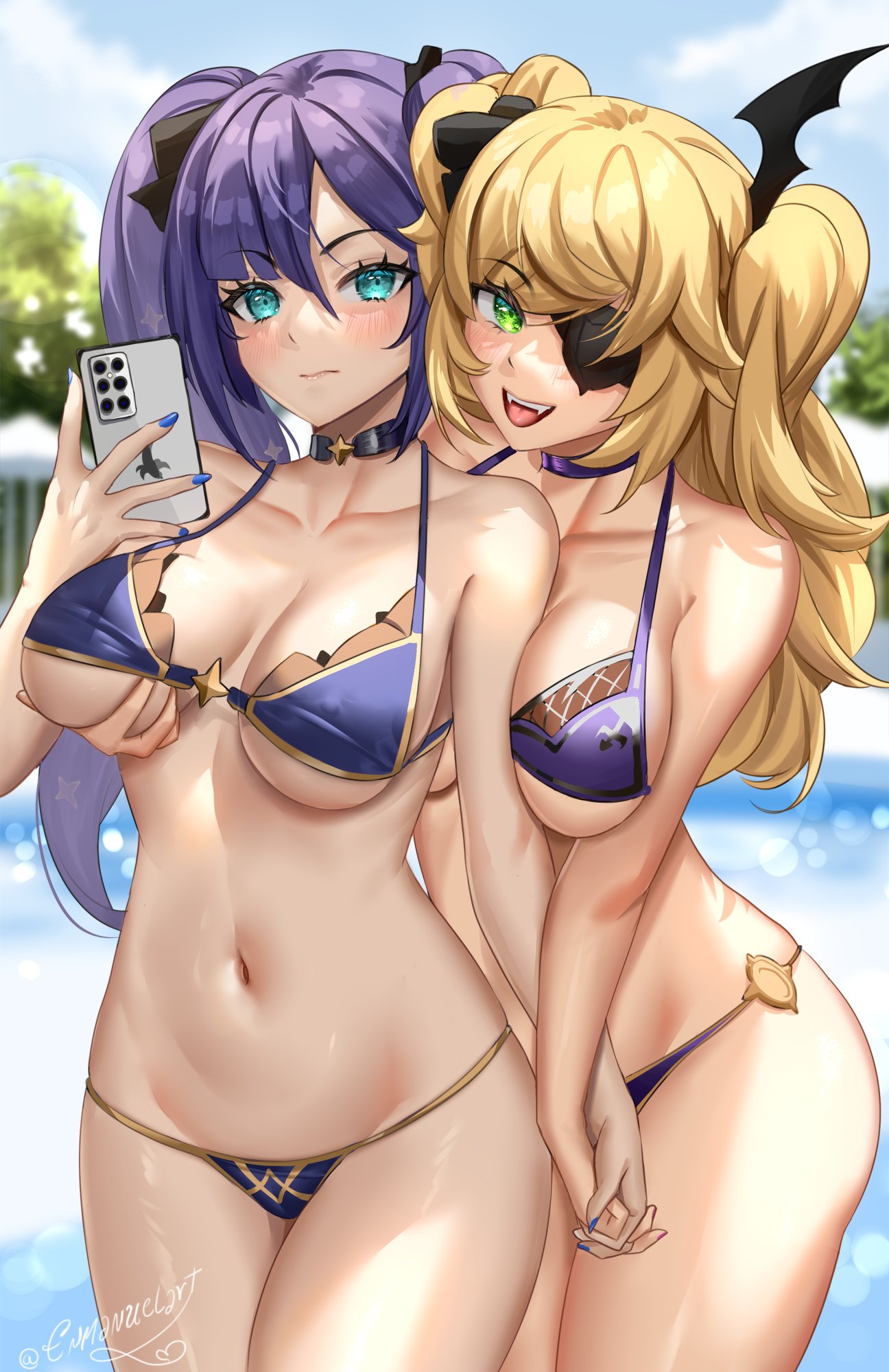 enma (enmanuelart), fischl (genshin impact), mona (genshin impact), genshin impact, commentary, english commentary, highres, 2girls, aqua eyes, bikini, blonde hair, blush, breasts, cellphone, choker, covered erect nipples, day, eyepatch, fangs, grabbing another's breast, green eyes, groping, holding hands, interlocked fingers, long hair, looking at viewer, medium breasts, multiple girls, nail polish, navel, open mouth, outdoors, phone, purple hair, signature, smartphone, smile, swimsuit, twintails, two side up, underboob, yuri