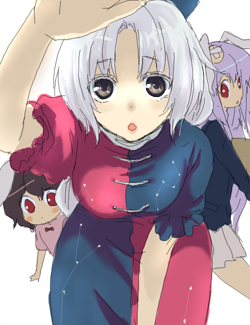inaba tewi, reisen udongein inaba, yagokoro eirin, touhou, light purple hair, silver hair, 3girls, animal ears, bent over, black hair, breasts, female focus, foreshortening, hanging breasts, large breasts, long hair, looking at viewer, multiple girls, parted bangs, rabbit ears, red eyes, short hair, simple background, very long hair, white background