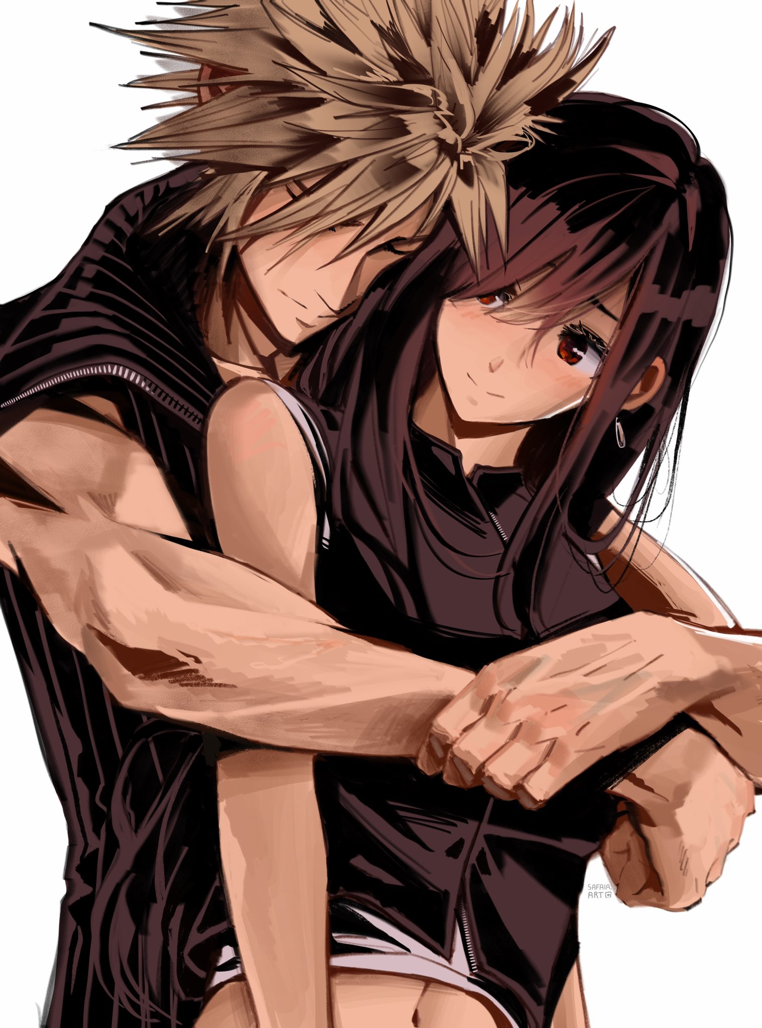 safaia, cloud strife, tifa lockhart, final fantasy, final fantasy vii, final fantasy vii advent children, commentary, english commentary, highres, 1boy, 1girl, bare arms, bare shoulders, black hair, black shirt, black vest, blonde hair, blush, brown hair, closed eyes, closed mouth, couple, crop top, earrings, hair between eyes, heads together, hug, hug from behind, jewelry, leaning on person, long hair, looking at another, midriff peek, navel, red eyes, shirt, short hair, single earring, sleeveless, sleeveless shirt, smile, spiked hair, tank top, teardrop earrings, upper body, vest, white background, white tank top, zipper