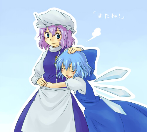 kannari, cirno, letty whiterock, touhou, lowres, 2girls, blue eyes, blue hair, female focus, hat, hug, multiple girls, purple hair, ribbon, wings