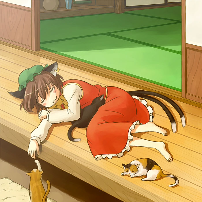 kannari, chen, touhou, 1girl, :3, animal ears, barefoot, brown hair, cat, cat ears, cat tail, earrings, feet, female focus, hat, jewelry, lying, multiple tails, on side, porch, short hair, sleeping, solo, tail, too many, too many cats, veranda