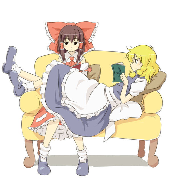kannari, hakurei reimu, kirisame marisa, touhou, 2girls, black hair, blonde hair, book, bow, couch, female focus, multiple girls, ribbon, yellow upholstery
