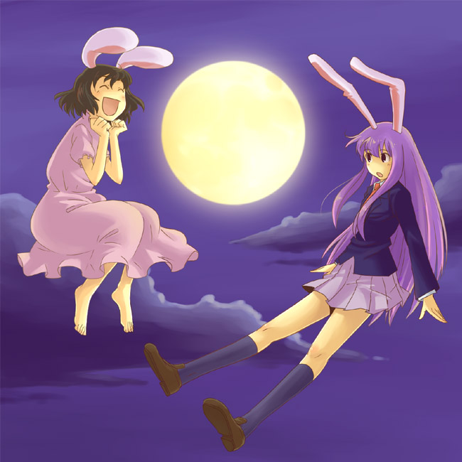 kannari, inaba tewi, reisen udongein inaba, touhou, 2girls, animal ears, barefoot, blazer, brown hair, feet, female focus, jacket, kneehighs, long hair, moon, multiple girls, necktie, purple hair, rabbit ears, short hair, socks